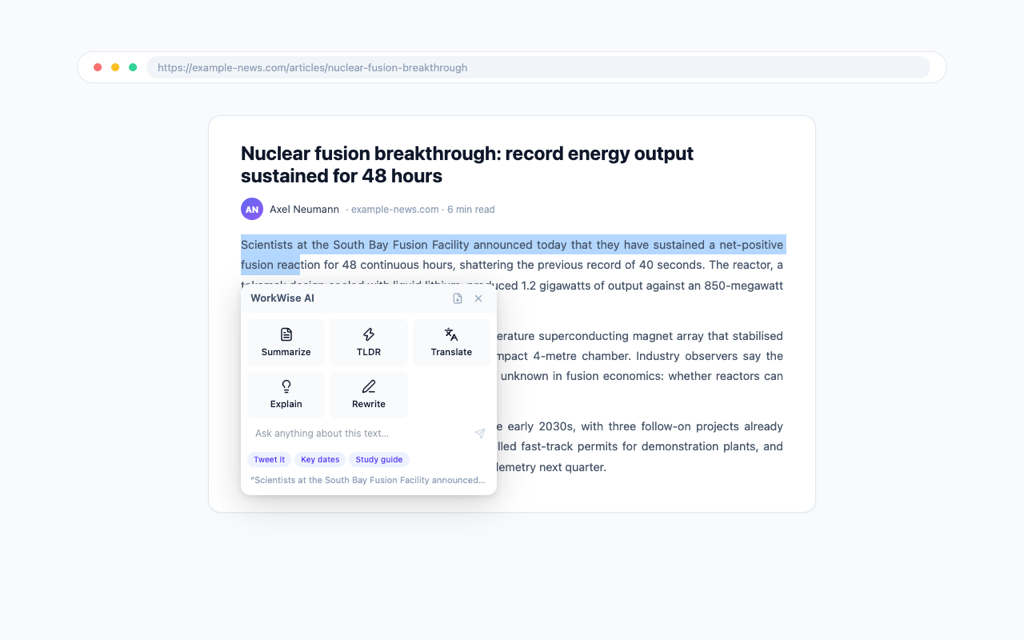 Selection toolbar with Summarize, TLDR, Translate, Explain and Rewrite actions on an article