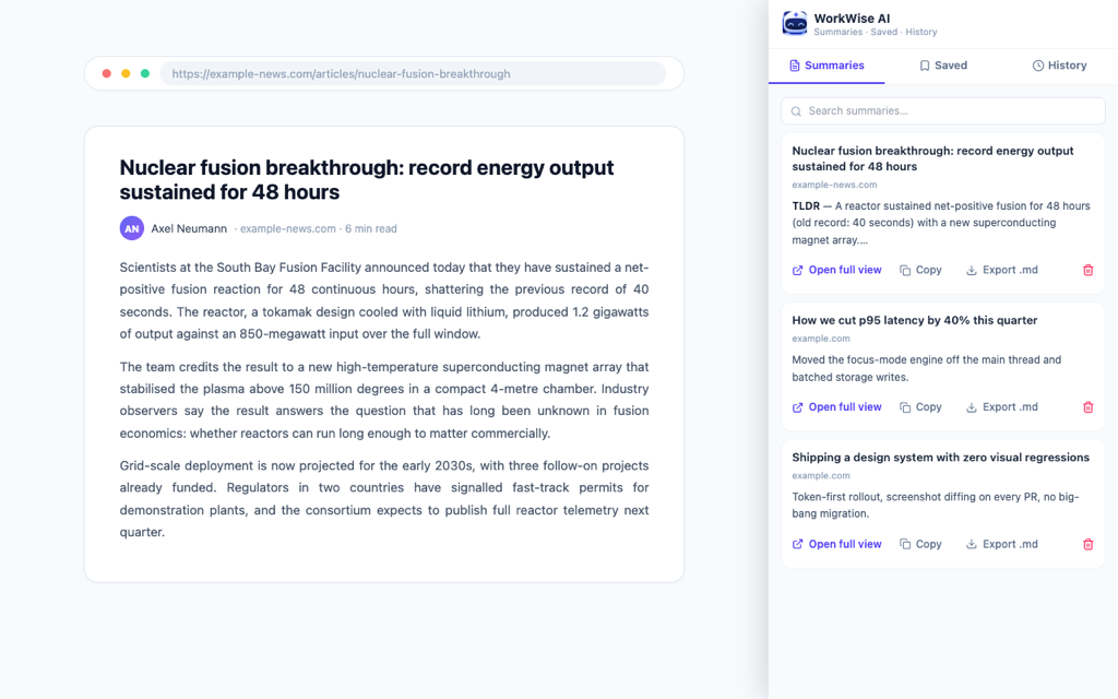 Side panel listing saved summaries next to an article