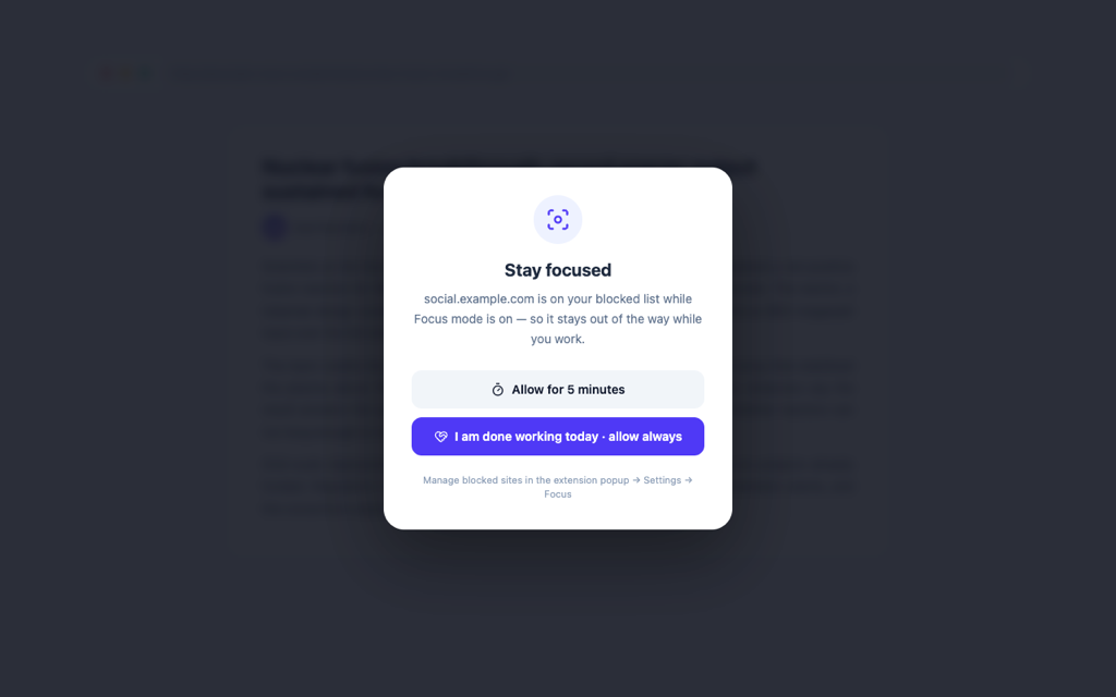 Focus mode overlay blocking a distracting site