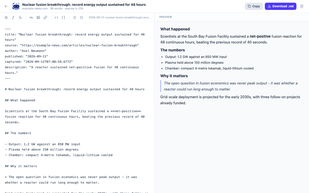 Markdown editor with source on the left and live preview on the right
